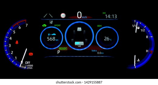 Illuminated car dashboard panel in hybrid vehicle. Instrument panel with display indicating battery charge level, speedometer, tachometer, odometer, fuel and oil temperature gauge, digital fuel range. - Powered by Shutterstock