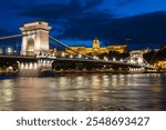 The illuminated Chain Bridge over the Danube river  in Budapest, Hungary