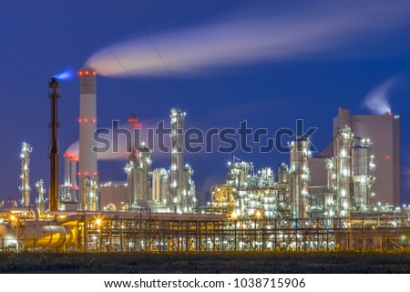 Illuminated chemical plant at Maasvlakte Europoort Rotterdam industrial harbor area