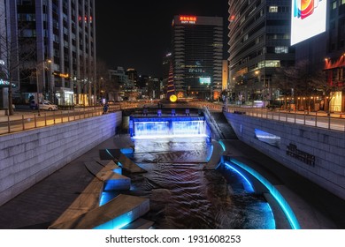 Illuminated Cheonggyecheon Stream Plaza taken at night in Seoul, South Korea. Taken on March 7th 2021