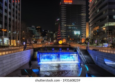 Illuminated Cheonggyecheon Stream Plaza taken at night in Seoul, South Korea. Taken on March 7th 2021