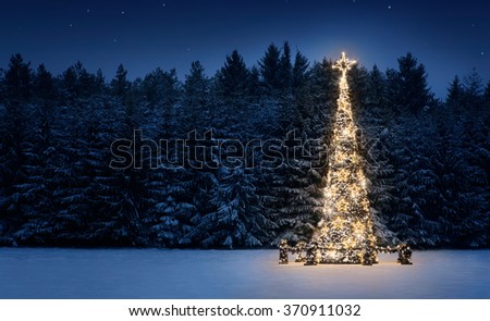 Illuminated christmas tree in the snow at night with copy space
