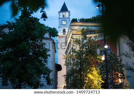 Illuminated Clock tower of Tirana in Scanderbeg Square in the center of the Albanian Capital.