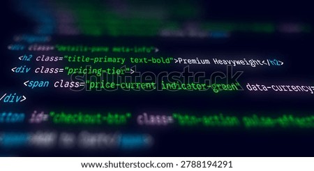 Illuminated code syntax showing e-commerce pricing tiers and a checkout button on a dark blurred background