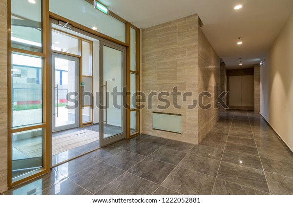 Illuminated Corridor Modern Residential Building Entrance Stock