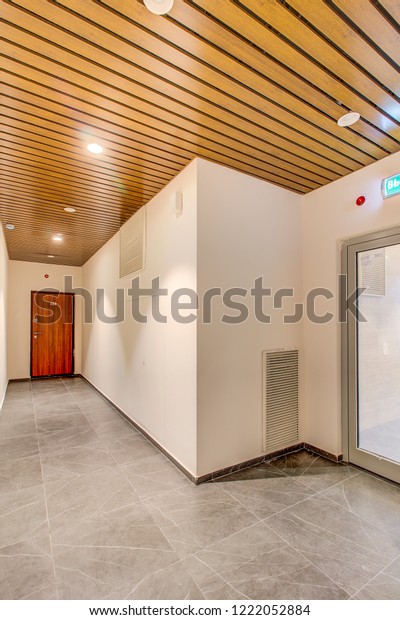 Illuminated Corridor Modern Residential Building Entrance Stock