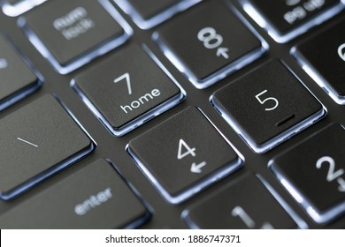 Illuminated, Defocused Laptop Keyboard. Informatics Background.