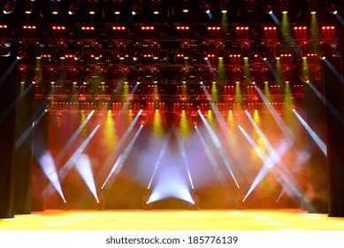 Illuminated Empty Concert Stage With Smoke