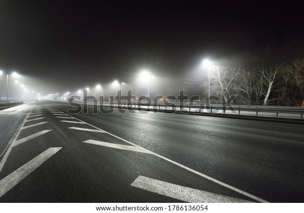 Illuminated empty
highway in a fog at night. Street lights and road signs close-up.
Dark urban scene, cityscape. Riga, Latvia. Dangerous driving,
speed, freedom, concept
image