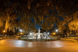 Illuminated Forsyth Park Fountain In Savannah, Georgia, USA In The Evening.