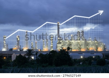 An illuminated industrial complex featuring cooling towers of a power plant and towering refinery distillation columns glows beneath a dramatic twilight sky. The large-scale energy infrastructure is overlaid with a prominent upward-trending financial graph, symbolizing economic growth, industrial expansion, and rising production within the manufacturing sector. Massive pipelines, processing facilities, and advanced engineering structures highlight modern energy technology, petrochemical operations, and large-scale industrial productivity. The futuristic industrial landscape represents increasing market demand, business profitability, and infrastructure investment driven by power generation and refinery operations. This professional business concept is ideal for energy industry presentations, economic development visuals, growth marketing, and commercial projects related to manufacturing, fuel production, and technological advancement.
