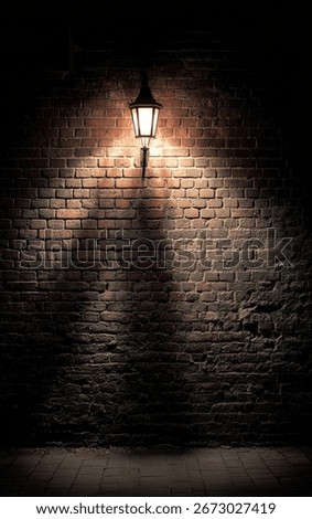 Illuminated lantern casts shadow on brick wall at night