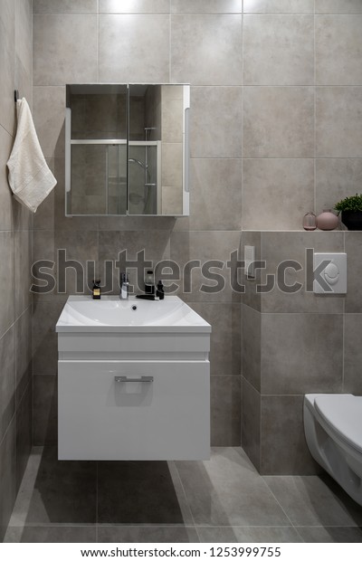 Illuminated Modern Bathroom Gray Tiled Walls Stock Photo Edit Now