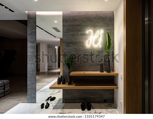 Illuminated Modern Interior Different Walls Tiled Stock Photo