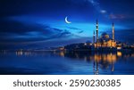 Illuminated Mosque at Night with a Crescent Moon and a Starry Sky Reflecting on Calm Waters, Creating a Serene and Mystical Ambiance in a Majestic Islamic Landscape