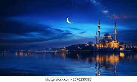 Illuminated Mosque at Night with a Crescent Moon and a Starry Sky Reflecting on Calm Waters, Creating a Serene and Mystical Ambiance in a Majestic Islamic Landscape
