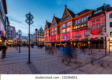 Illuminated Neuhauser Street and Karlsplatz Gate in Munich at the Evening, Germany