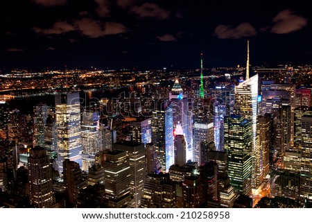 Illuminated New York skyscrapers by night