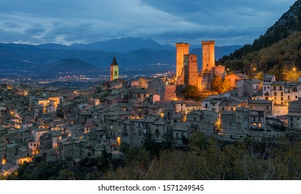Illuminated Pacentro in the evening, medieval village in L'Aquila province, Abruzzo, central Italy.