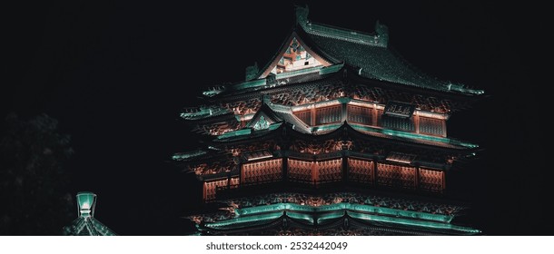 Illuminated pagoda glows warmly at night. Intricate wooden carvings and tiered rooftops shine with turquoise and amber tones against a dark sky. - Powered by Shutterstock