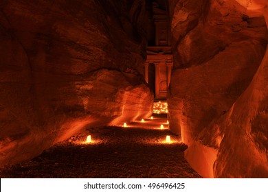 Illuminated Path to The Treasury (Al Khazneh) of Petra Ancient City, Jordan