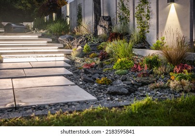 Illuminated Residential Backyard Garden By LED Lights. Modern Architectural Concrete Wall And Stairs Elements Design. 