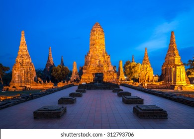 Illuminated Ruined Temple Of Thailand