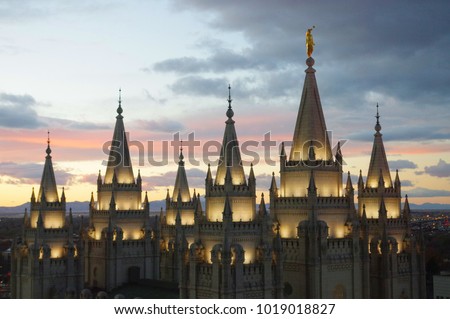 Illuminated Spires of the LDS Temple at Salt Lake City, Utah