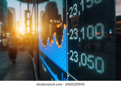 Illuminated Stock Market Display in Urban Setting at Sunset - Powered by Shutterstock