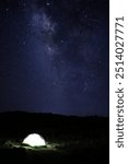 An illuminated tent under the milky ways stars in the Petrified Forest National Park wilderness