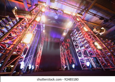 Illuminated Way To Boxing Ring Inside Fight Club; Multi-colored Lights