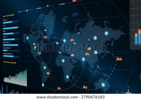 Illuminated world map displaying interconnected global logistics and transport routes in dark blue theme
