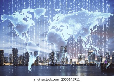 Illuminated world map overlay with binary code on city skyline at dusk, digital style, futuristic data network, global technology concept