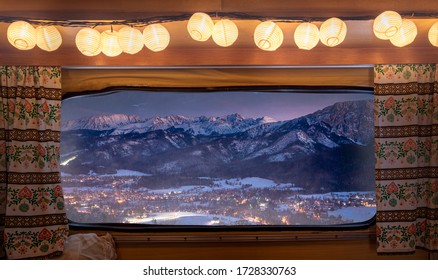 Illuminated Zakopane After Dusk In Winter, View From Camper Window