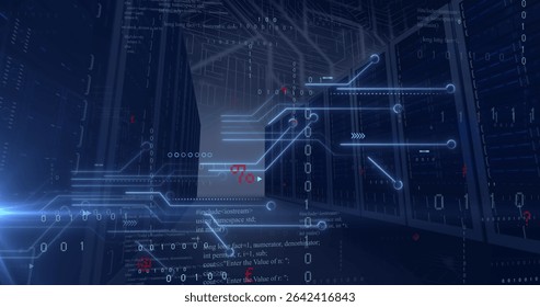 Illuminating central server racks bathing data center corridor in blue, with binary code overlays. Technology, cybersecurity, innovation, digital, network, infrastructure, futuristic