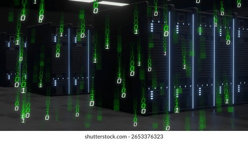 Illuminating central server racks streaming binary code in data center, with LED strips. Technology, data, digital, network, cybersecurity, futuristic, infrastructure
