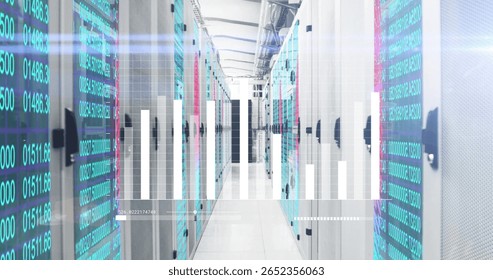 Illuminating data center aisle displaying server racks with circuit boards and overlaying bar graph. Technology, infrastructure, data, networking, cybersecurity, digital, server