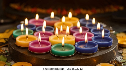 Illuminating Diwali: A Colorful Candle Display with Traditional Touches. Each candle is beautifully set in different containers, from rustic clay pots to elegant brass plates and glass holders. - Powered by Shutterstock