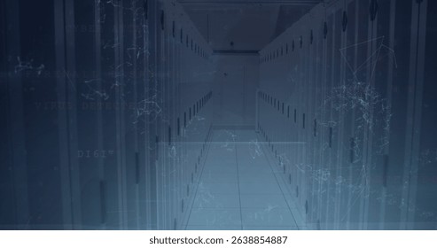 Illuminating narrow server aisle in data center under LED lighting, projecting network overlays. Futuristic, technology, digital, infrastructure, industrial, sleek, cybersecurity
