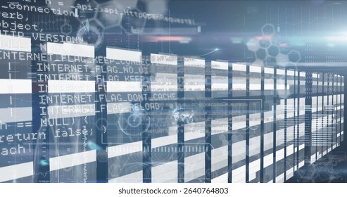 Illuminating server racks streaming data lines at digital data center, with code overlays. Technology, cybersecurity, network, cloud, innovation, infrastructure, digital