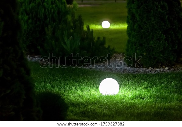 illumination backyard light garden with electric\
ground lantern with sphere diffuser lamp in the green grass lawn in\
outdoor park with landscaping, dark patio illuminate night scene\
nobody.