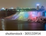 Illumination light of american Falls as viewed from Table Rock in Queen Victoria Park in Niagara Falls at night, Ontario, Canada 