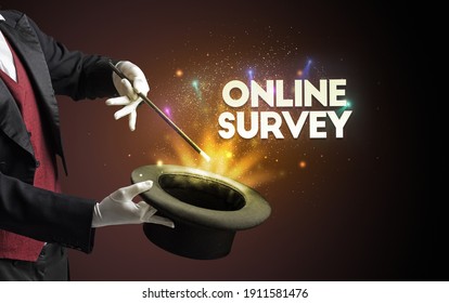 Illusionist Is Showing Magic Trick With ONLINE SURVEY Inscription, New Business Model Concept