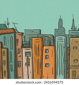 illustrate a background with a city, hand drawn, cartoony style