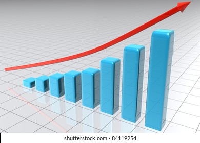Illustrated bars building s statistic with an arrow above them