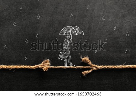 Illustrated businessman is walking on a thiny and frayed rope, metaphoring risky business life an capability of solving problems in balance.