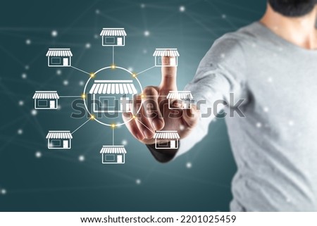 Illustrated stores on a virtual screen. Man tapping on the screen