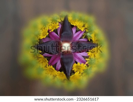 illustrated upsidedown pink lotus flower on blurry green and yellow background template 