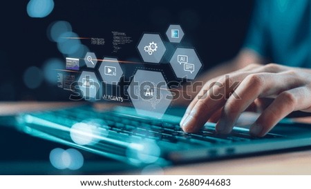 illustrating artificial intelligence agents, machine learning, big data, digital automation in a modern tech concept ,next-gen business solutions ,data analysis ,AI-driven automation , innovative