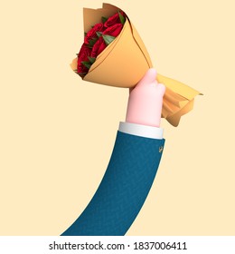 Illustration 3D Of An Arm Holding Flowers, A Bouquet, Concept Of Love, Saint Valentin, Roses, Dating, Render 3d.